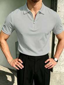Camisa polo de manga corta de unicolor, de media cartera, versátil y casual para uso diario para hombres - Gris Claro - Ver 3