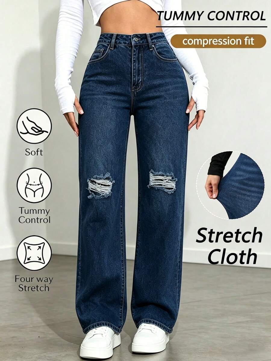 Jeans de mezclilla casuales de unicolor para mujer,Jeans de talle alto, pierna recta, lavado casual - Azul - Ver 1