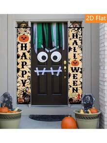 2pcs Halloween Pumpkin Skull Banner, 2D Flat Banner, Halloween Home Entrance Decoration Banner With Cute Pumpkin, Witch, Ghost And Skull Design, Suitable For Indoor And Outdoor Party Decoration, Halloween Party Decor - Multiple Styles - View 10