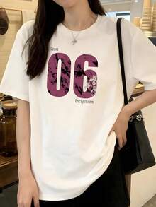 A Round Neck Short Sleeve T-Shirt With A Stylish White Lettering Print, A Loose Top That Goes Well With Summer Fashion - White - View 1
