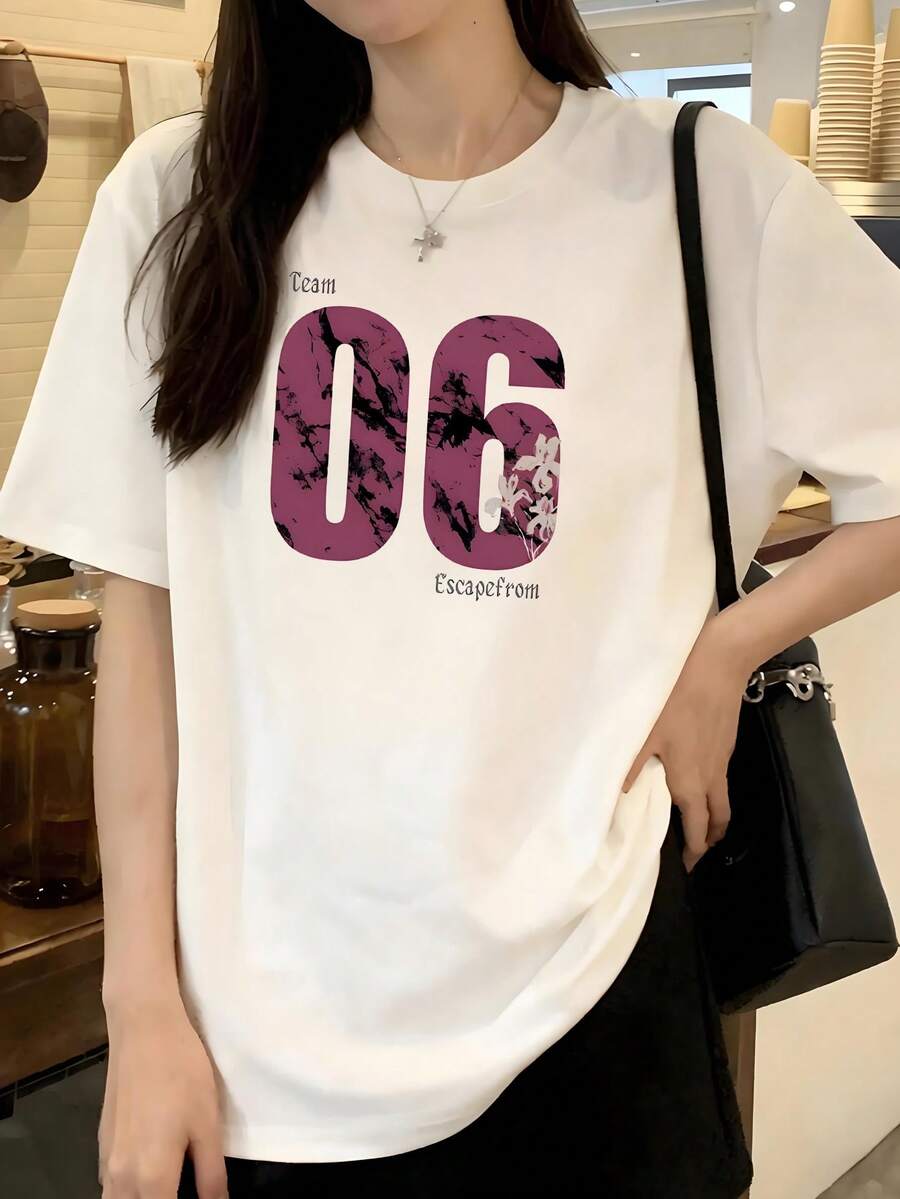 A Round Neck Short Sleeve T-Shirt With A Stylish White Lettering Print, A Loose Top That Goes Well With Summer Fashion - White - View 1