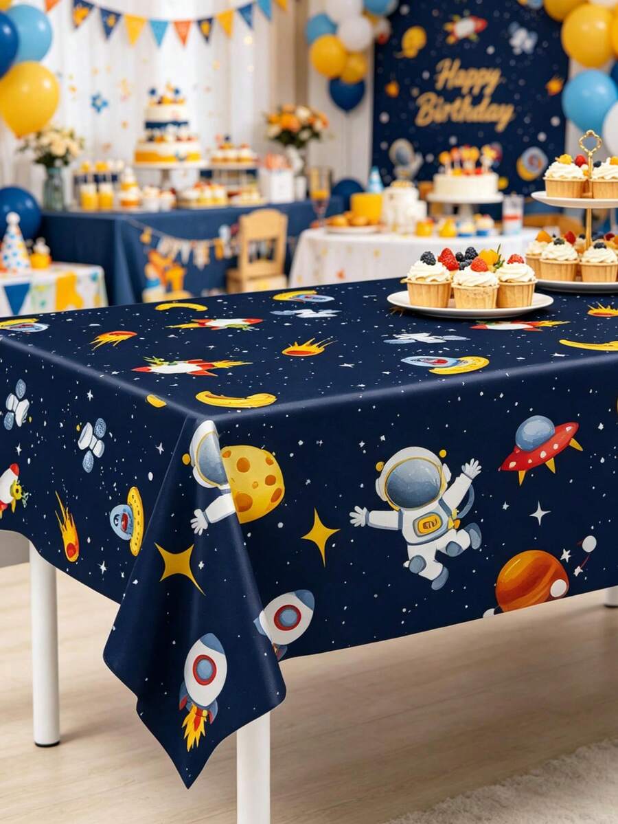 1件藍色太空星球主題一次性桌布，太空人印花生日派對裝飾，嬰兒洗禮派對桌罩，性別揭曉派對餐具，火箭愛好者聚會用品，新生兒派對裝飾，居家、餐廳、廚房裝飾，新生兒禮物，1歲生日禮物，派對用品