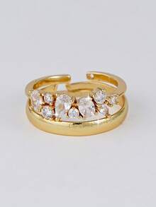 2pcs Elegant Cubic Zirconia Stone Rings, Stackable Rings Suitable For Women's Daily Wear, Dates, Weddings, Parties, Anniversaries, Bridal Gift - Yellow Gold - View 2