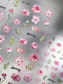 1 Sheet 5D Embossed Pink Flower Nail Stickers - Spring Floral Self-Adhesive Nail Decals, French Tip Nail Art Decorations For DIY Manicure - Multicolor - View 2
