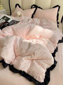 Pink Polka Dot Ruffle Edge 4-Piece Duvet Cover Set, Soft And Comfortable Bedroom Bedding, Ruffle Design, Breathable And Soft All-Season Bedding Set, Includes 1 Duvet Cover, 1 Bed Sheet, 2 Pillowcases, No Fill, Suitable For Dorm, Bedroom, Home Use, Multiple Size Options - Baby Pink - View 4