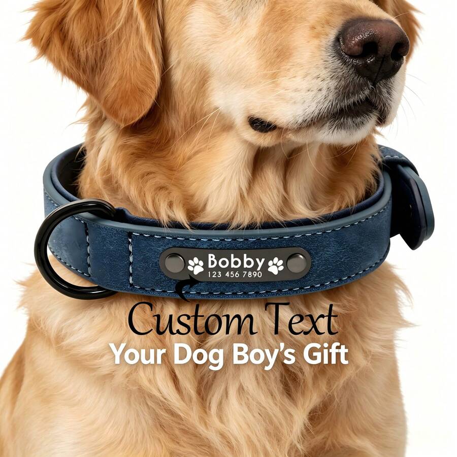 Customized PU Vintage Industrial Style Dog Engraved Collar, Solid Muted Color Tone, Soft Lining Anti-Lost Adjustable ID Tag, For Small & Medium Dogs