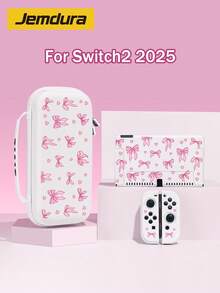 2025款Switch游戏机配件，粉色蝴蝶结爱心图案，兼容Switch NS/Switch OLED保护壳及收纳袋，送给Switch玩家的最佳礼物，情人节浪漫礼物 - 彩色 - 查看 1