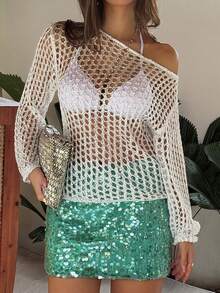 Áo Live To Mo nữ mùa hè màu trắng dệt kim sexy đính kim tuyến, phong cách thanh lịch casual, thiết kế rỗng, tay dài, áo khoác đi biển phù hợp cho kỳ nghỉ và mặc hàng ngày - trắng - Xem 11