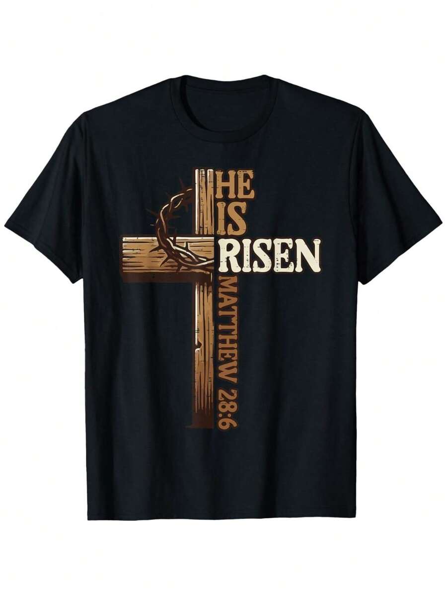 Christian T-Shirt For Men, Women And Youth With Easter Cross "Jesus Is Risen" - 黑色 - 查看 1