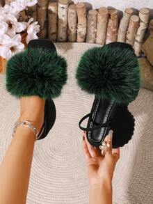 Women's Fashion Platform Fluffy Slippers, Faux Fur, Open Toe, Suitable For Indoor & Outdoor Wear, Casual, Beach, Party, Height Increasing & Anti-Slip - Green - View 8