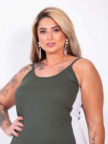 Plus Size Curvy Style Strappy Dress With Thin Straps, Side Slit, Ribbed Fabric, Extra Large, Long, Elastane, For Formal Parties And Maternity Wear. - Army Green - View 12