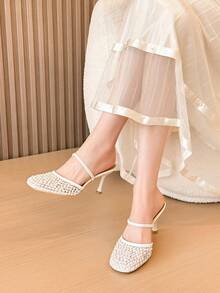 Xin Jing Shoes 女款優雅休閒性感派對細高跟鞋，時尚百搭圓頭網布通勤中跟涼鞋 - 米色 - 查看 4