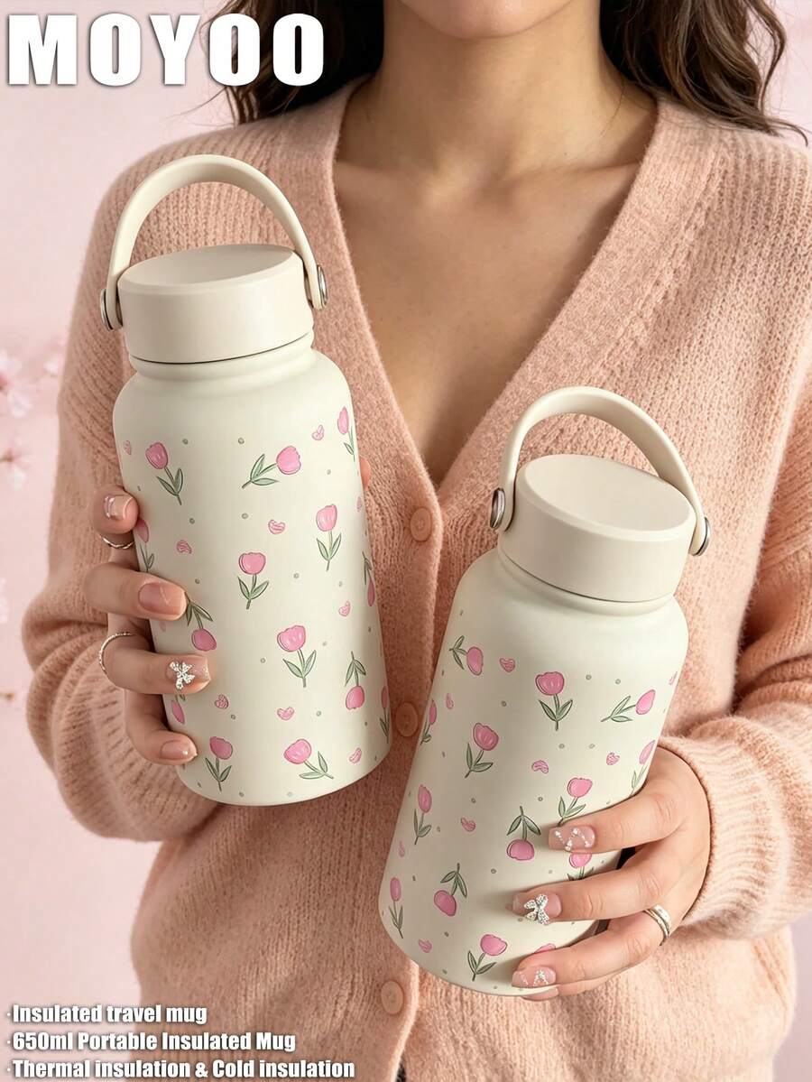 1 cốc giữ nhiệt hai lớp bằng thép không gỉ, dung tích 650ml (22oz), họa tiết hoa tulip hình trái tim, đáy phẳng có tay cầm, thích hợp cho hoạt động ngoài trời, văn phòng, nhà, trường học, ô tô, phòng tập thể dục, du lịch, sinh nhật, ngày lễ, Ngày của Mẹ, Ngày của Cha, tựu trường, quà tặng Ngày Valentine. - Nhiều màu - Xem 1