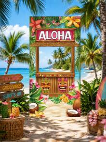 色彩缤纷的热带风情 ALOHA 派对相框，夏威夷提基风格拍照道具，饰有棕榈叶和芙蓉花图案，适合夏威夷主题派对、海滩婚礼、夏季烧烤和泳池派对。色彩缤纷的夏威夷提基风格拍照背景，适合夏季烧烤派对、海滩和泳池派对摄影道具。 - 夏威夷拍照背景布-豎向 - 查看 4