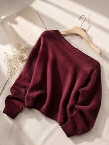 Sexy Asymmetrical Shoulder Loose Knit Sweater, Wine Red, Casual Chic Appearance, Flattering Fit, Long Sleeve Pullover Top - Burgundy - View 2