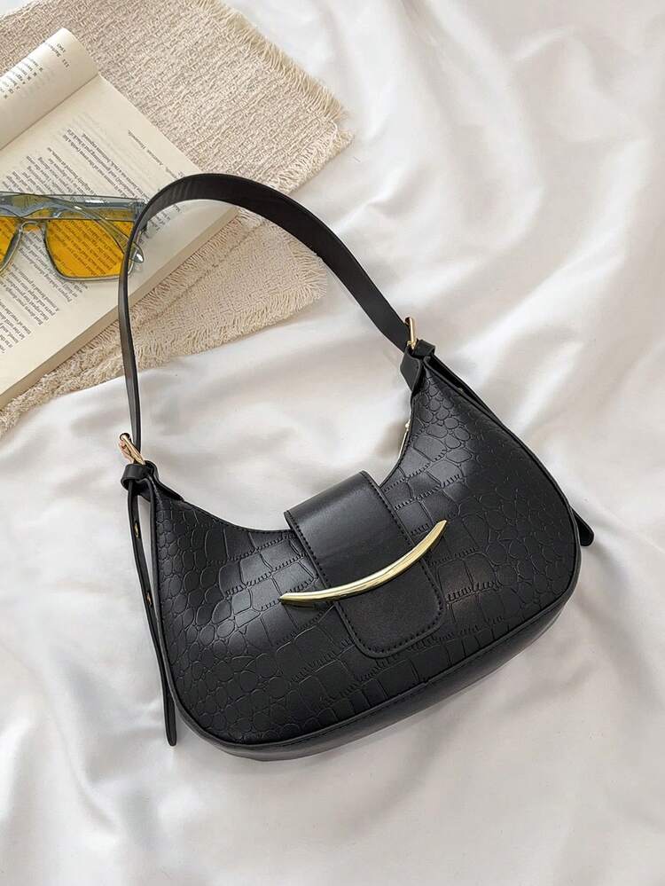 Bolso de hombro de mujer de moda con estampado de cocodrilo negro sólido y estampado de dragón en forma de media luna - Negro - Añade 1