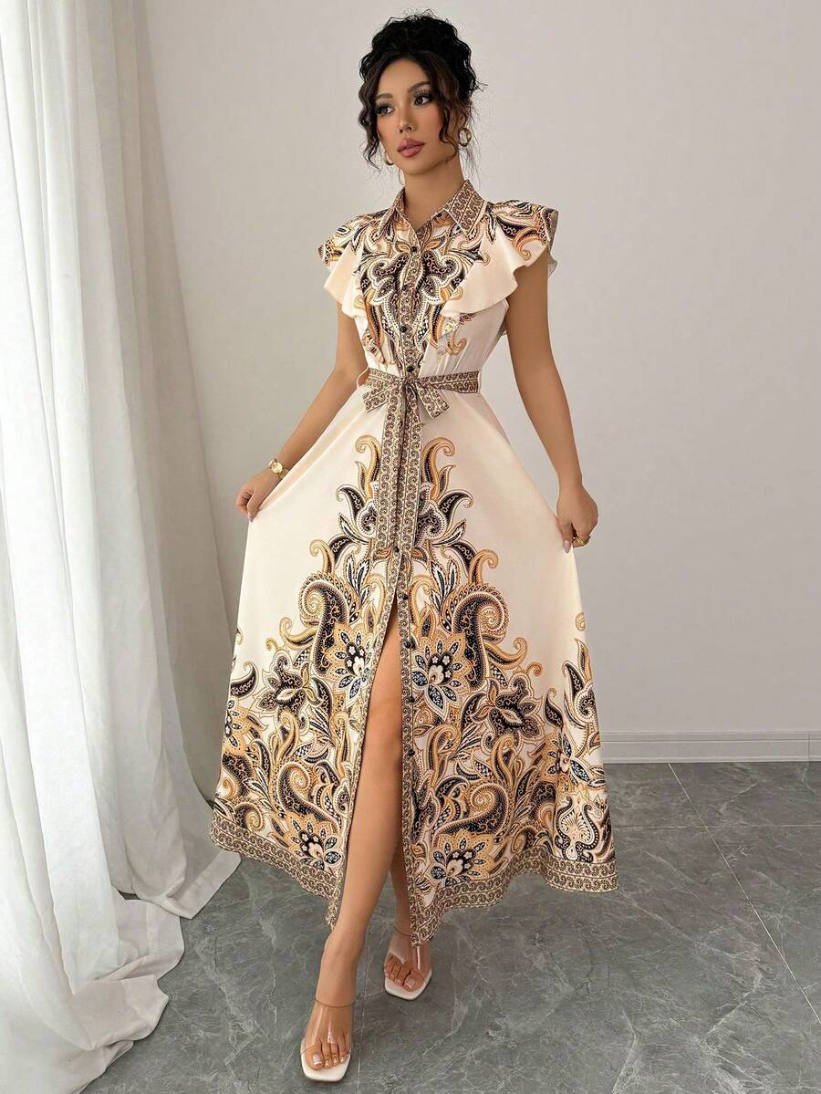 Vestido bohemio informal de vacaciones con estampado floral, cuello, sin mangas, cinturón de cintura, nudo y dobladillo con volantes - Albaricoque - Ver 1