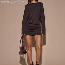 MewMuse. Vestido mini de manga larga, cuello en V profundo, suelto, de color marrón/café sólido, adecuado para cóctel, cita romántica, reunión, evento formal, dama de honor, salida nocturna, Halloween, Navidad - Rosa Pálido - Ver 4