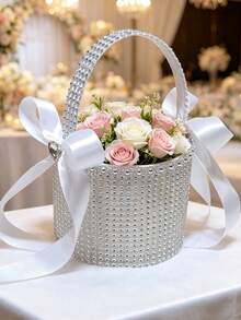 1pc Elegant Rhinestone Bow Flower Girl Basket, Small Handheld Flower Basket Suitable For Wedding Bridesmaid Children - White - View 4