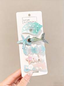 5pcs/Set Ocean Theme Hair Clips, Mermaid Shell Starfish Pearl Hair Clips, Cute Blue Ocean Animal Hair Accessories, Suitable For Children Girls Summer Beach Party - Blue - View 7