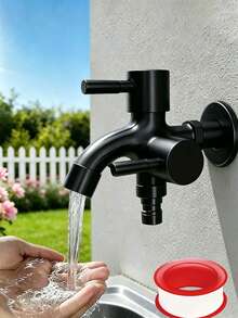 Heavy Duty Stainless Steel Dual Head Faucet, Multifunctional Irrigation Tap, Rust-Resistant Durable Metal Faucet With Separate Hot And Cold Control, Indoor And Outdoor Universal Use Faucet, G1/2 Metric Thread Connection, Equipped With Plug Valve, Wall-Mounted Design, Includes Installation Accessories, Suitable For Lawn Watering, Washing Machine, Shower, Bathtub And Garden Hose Connection, Modern Home Essential Accessory - Black - View 2