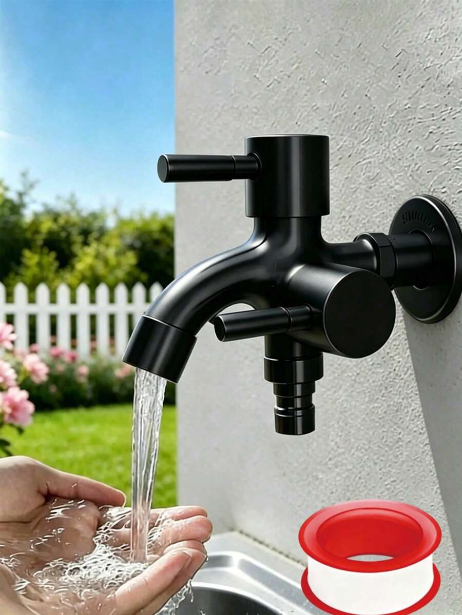 Heavy Duty Stainless Steel Dual Head Faucet, Multifunctional Irrigation Tap, Rust-Resistant Durable Metal Faucet With Separate Hot And Cold Control, Indoor And Outdoor Universal Use Faucet, G1/2 Metric Thread Connection, Equipped With Plug Valve, Wall-Mounted Design, Includes Installation Accessories, Suitable For Lawn Watering, Washing Machine, Shower, Bathtub And Garden Hose Connection, Modern Home Essential Accessory