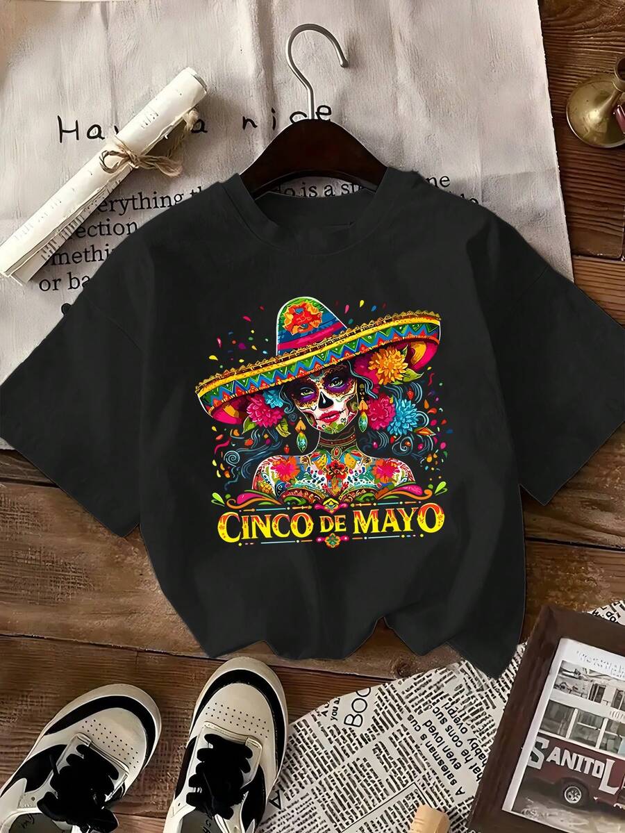 Men's T-Shirt With "5 De Mayo" Design - Colorful Mexican Hat And Skull Design, Casual Crew Neck, Short Sleeves, Suitable For All Seasons, Perfect For Mexican Celebrations And Gifts, Festive Clothing | Bright Prints | Comfortable Fit, 100% Cotton Mexican Clothing - 黑色 - 查看 1