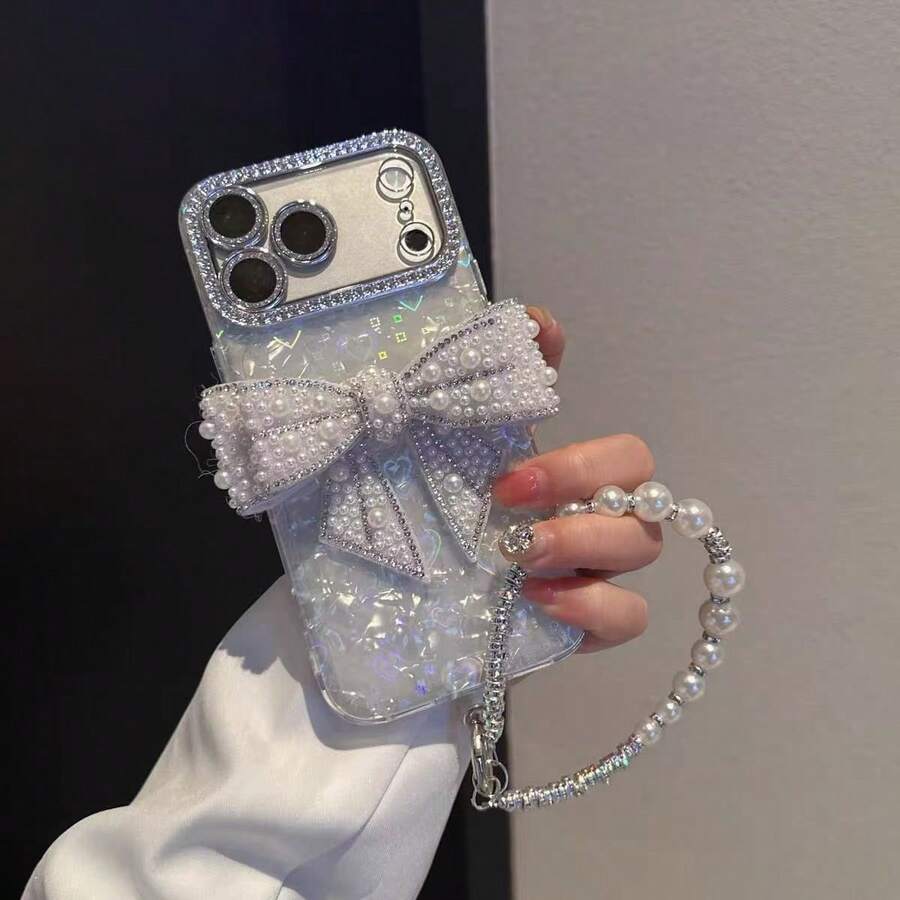New Luxury Holographic Heart Shell Pattern Phone Case With Rhinestones And Pearls, Featuring Cute Bow Design, Compatible With IPhone 17/17 Air/17 Pro/17 Pro Max, 16/16 Plus/16 Pro/16 Pro Max, 15/15 Plus/15 Pro/15 Pro Max, 14/14 Plus/14 Pro/14 Pro Max, 13/13 Pro/13 Pro Max, 12/12 Pro/12 Pro Max, 11/11 Pro Max And More. Dust-Proof, High Cost-Performance, Effectively Prevents Phone Collision Damage. - Multicolor - View 1