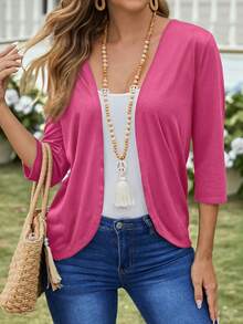 Chaqueta de manga larga de uso diario versátil y casual de unicolor para mujer - Rosa Fucsia - Ver 1