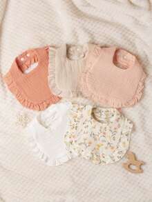 5pcs Soft Breathable Bibs With Floral Ruffled Edge, Absorbent Gauze Baby Drool Bibs, Newborn Gift Set, Cute Printed Feeding Bibs For Babies - Multicolor - View 7