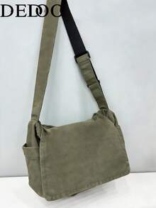 Dedoo Túi đeo chéo cổ điển đơn giản, chất liệu vải canvas dày dặn, kiểu dáng casual, dung tích lớn, phong cách Mỹ, phù hợp cho sinh viên, những chuyến đi ngắn, túi vải đơn giản phong cách đường phố. - màu xanh lá - Xem 10