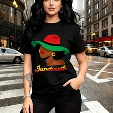 Camiseta de mujer con estampado vibrante de Juneteenth y retrato de  con sombrero rojo y labios rojos - camiseta casual de cuello redondo, ajuste cómodo y moderno, estilo urbano y cultural - ideal para celebraciones de orgullo, salidas en - Negro - Ver 8
