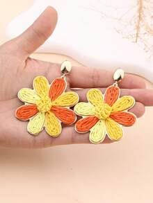 1 Pair Handmade Bohemian Style Raffia Flower Earrings, Retro Contrast Color Metal Earrings, Suitable For Beach, Party, Afternoon Tea, Daily Commute - Orange - View 7