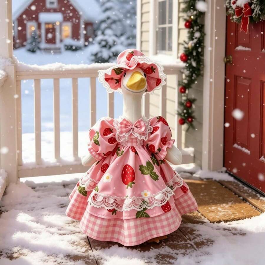 春夏用ポーチガチョウ衣装 ストロベリープリント レーストリムドレス サンハットセット 屋外庭芝生ガーデン装飾 - ピンク - チェックする 1