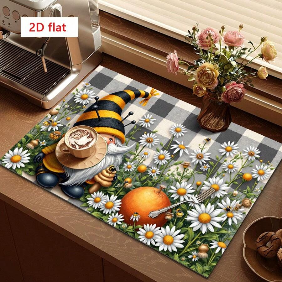 1pc Dish Drying Mat, Coffee Machine Pad, High Absorbency Draining Mat, Featuring Bee Gnome & Fresh Daisy Pattern, Gray & White Plaid Rustic Style, Ideal For Dining Table, Cafe, Kitchen Counter Decor, Multi-Purpose Drainage Pad, Home Gift, Tabletop Decor
