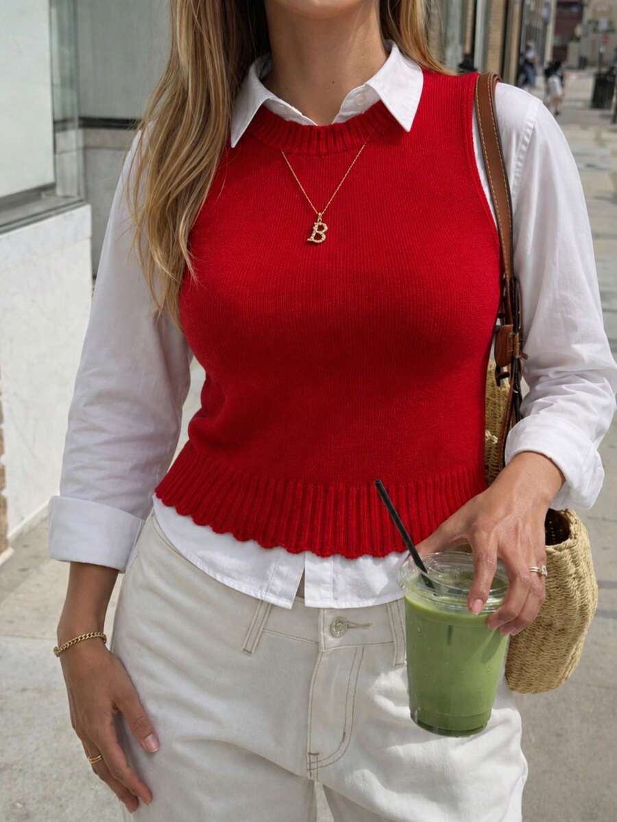 Women's Tank Top Vest, Water Bottle Style, Modal Knit, Winter/Summer Fitted Layering, Basic - Red - View 1