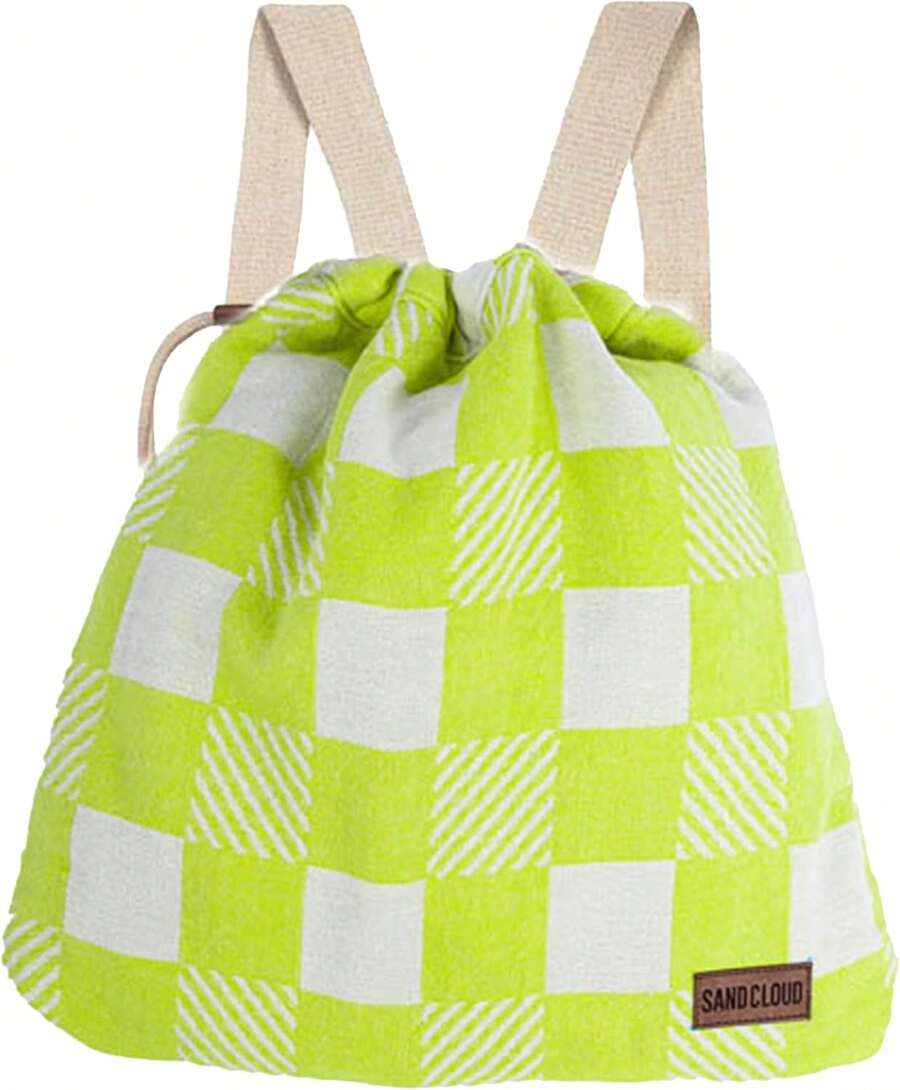 Starlit Beach Towel Bag - 2-In-1 Convertible, Quick Dry, Sand Resistant Towel With Built-In Zipper Pocket - Compact & Lightweight For Beach, Pool, Gym & Travel - Turkish Organic Cotton - Checker Lime - View 1