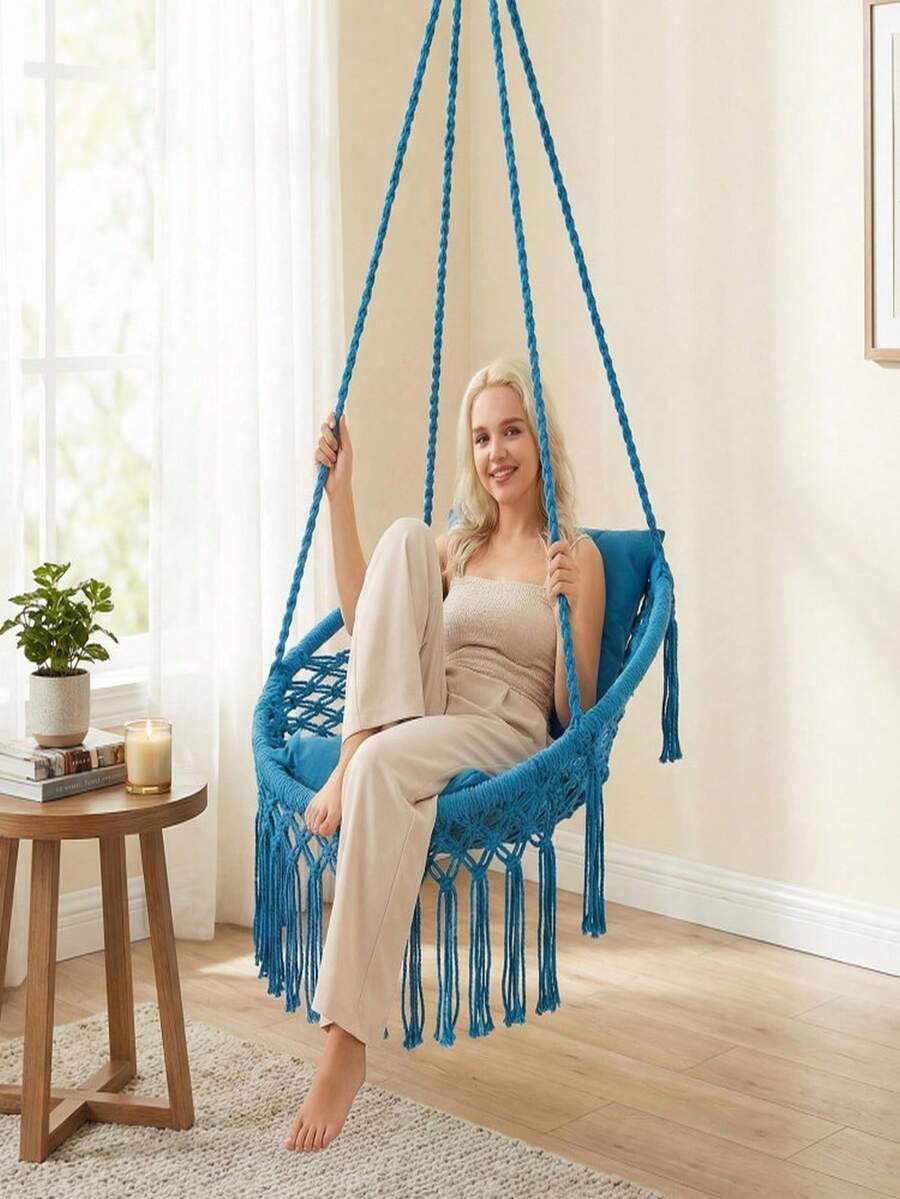 Hanging Hammock Chair W/Large 2pcs Padded Cushion, Macrame Swing Chair For Porch, Max 550 Lbs Capacity Hanging Swing For Adults & Teens, Comfy Hammock For Bedroom Relaxing Reading Napping,Camping Essential Back To School
