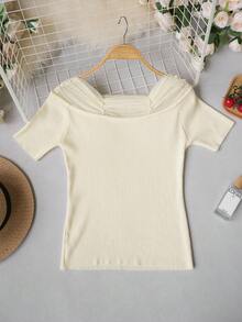 French Elegant Off Shoulder Mesh Splice Beaded Knit Sweater, Versatile Fitted Crop Top For Work, Dating, Vacation Summer - Apricot - View 9