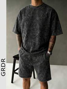 GRDR Men's Printed Washed Crew Neck Short Sleeve T-Shirt And Drawstring Shorts Casual Set - Black - View 4