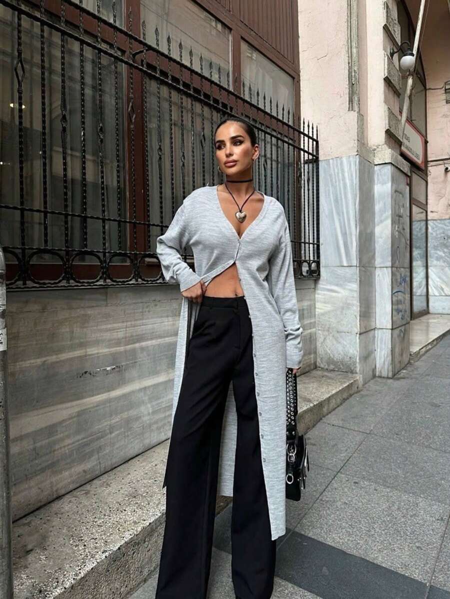 Senya 2026 Cárdigan de punto largo gris para mujer, suéter maxi con cuello en V y botones delanteros, ajuste ceñido, estilo minimalista de lujo silencioso, ropa de calle para otoño e invierno - Gris Claro - Ver 1