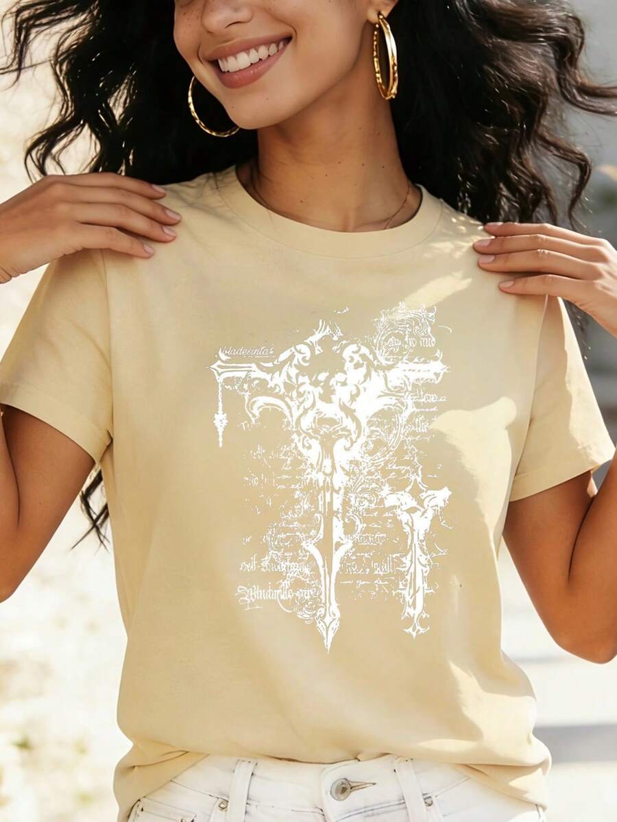 Gothic Cross Script Art Design. Digital Print. Short Sleeves. Unisex. Pure Cotton. Loose And Comfortable. - Apricot - View 1