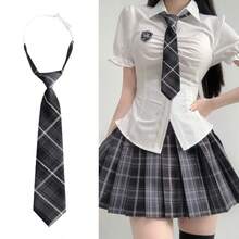 2/1件組女款領帶與蝴蝶結套裝，韓式無結校服配件，格紋圖案，適合派對與日常穿著 - 彩色 - 查看 1