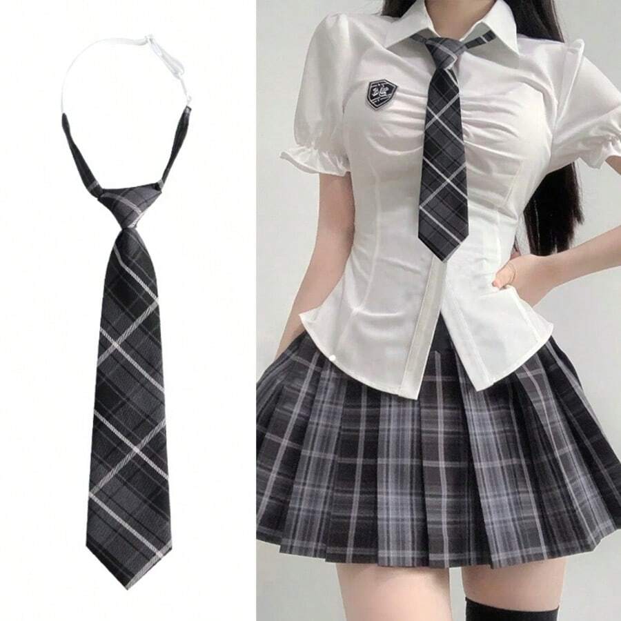 2/1件組女款領帶與蝴蝶結套裝，韓式無結校服配件，格紋圖案，適合派對與日常穿著 - 彩色 - 查看 1