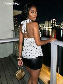 NEW IDEA Women's Sexy White With Black Polka Dot Halter Neck Top, Loose Backless Sleeveless Tank Top, Suitable For Night Out, Dating, Vacation Outfits - Black and White - View 3