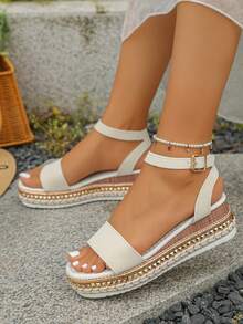 2026 Summer New Minimalist Wedge Heel Thick Sole Sandals Cross-Border Plus Size Women's Rivet Decor Ankle Strap Buckle Sandals Women's Wedge Heel Thick Sole Sandals Women's Wedge Shoes Beige Sandals Blue Thick Sole Shoes Summer Elegant Vacation Style Wedge Heel Thick Sole Sandals Beige Wedge High Heels Blue Shoes Suitable For Daily Wear Casual Shopping Vacation Party Women's Shoes - Beige - Color-changing Imitation Ultra - View 2