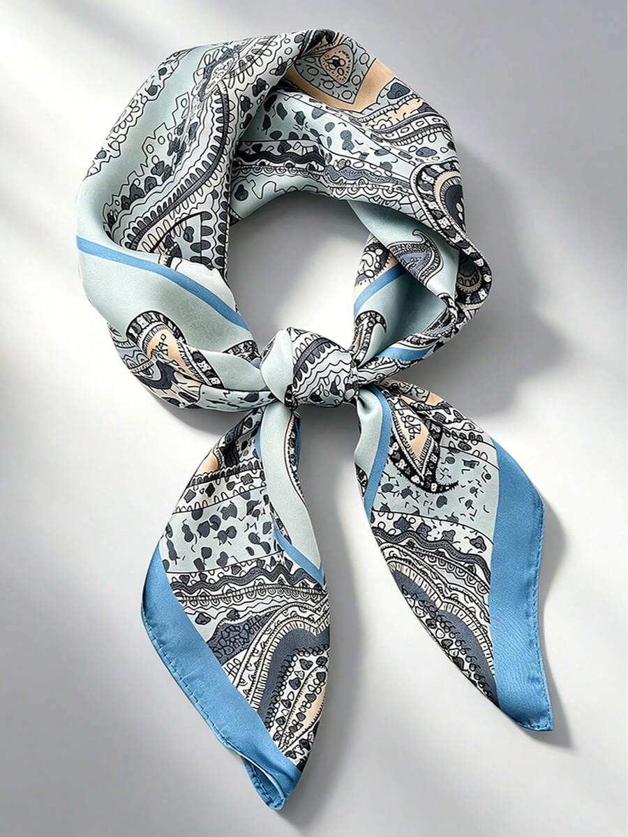 1PC Bohemian Paisley Pattern Silk Square Scarf, Size 27.5 Inches X 27.5 Inches, Fashion Design, Suitable For Daily Wear - Blue - View 1