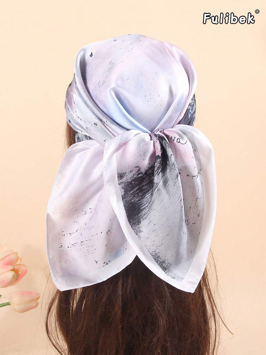 1pc Faux Silk Printed Neckerchief, Versatile Headband/Scarf, Suitable For Daily Use - White - View 1