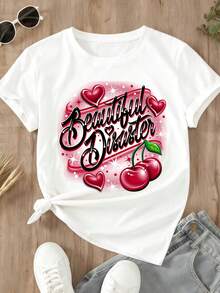 Beautiful Disaster Cherry Heart Print White T-Shirt For Casual And Sporty Outfits - 白色 - 查看 2