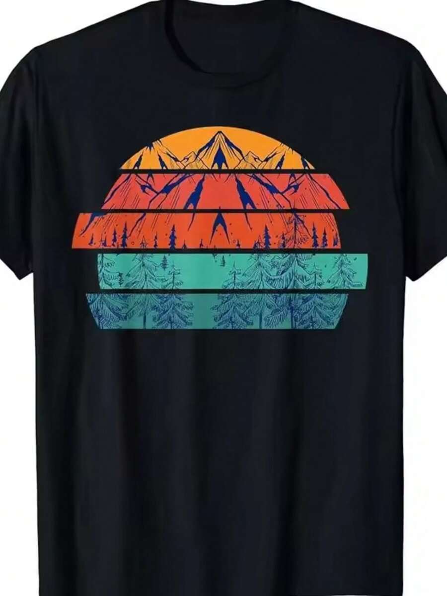 Playera Unisex con Montaña y Bosque en Estilo Retro Degradado - Negro - Ver 1
